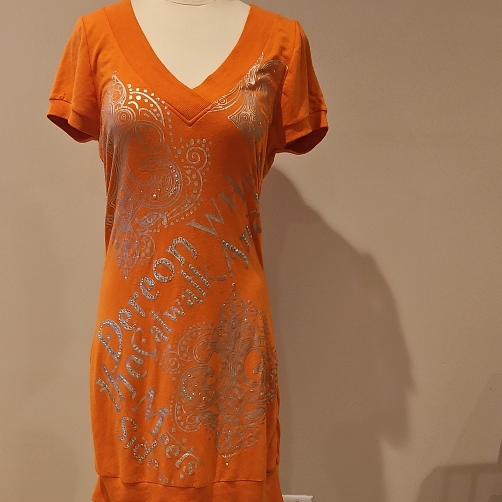 Dereon Vibrant Orange Midi Dress with Metallic Details